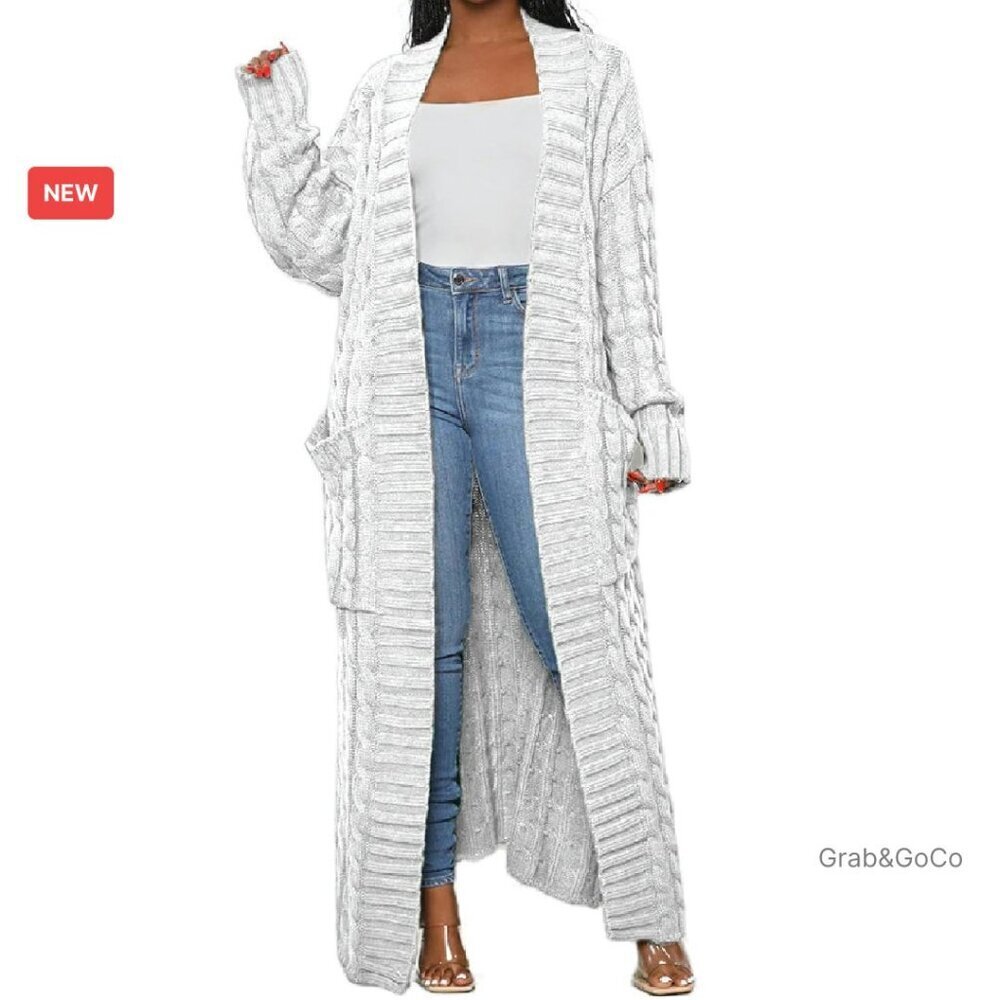 Chunky Cable Knit Maxi Cardigan Oversized Elegant Soft Warm Pockets